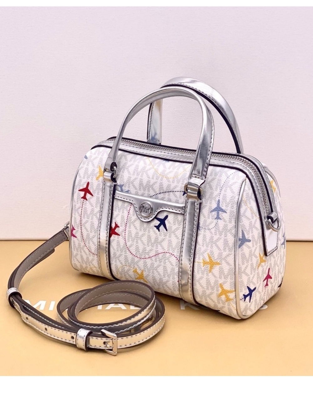 Michael Kors SM Satchel Crossbody Bag MK White Multi